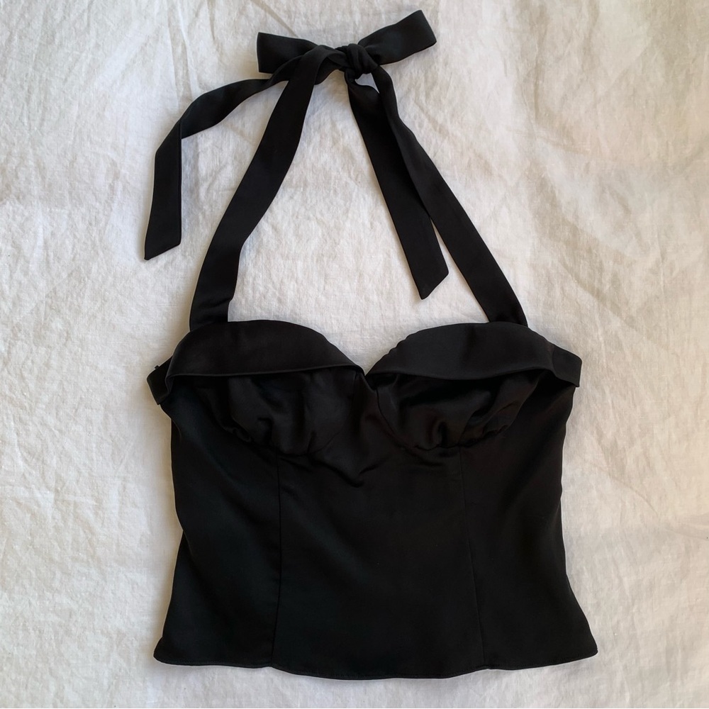 Reformation Larisa Silky Satin Halter Bustier Corset Camisole Blouse Top Black